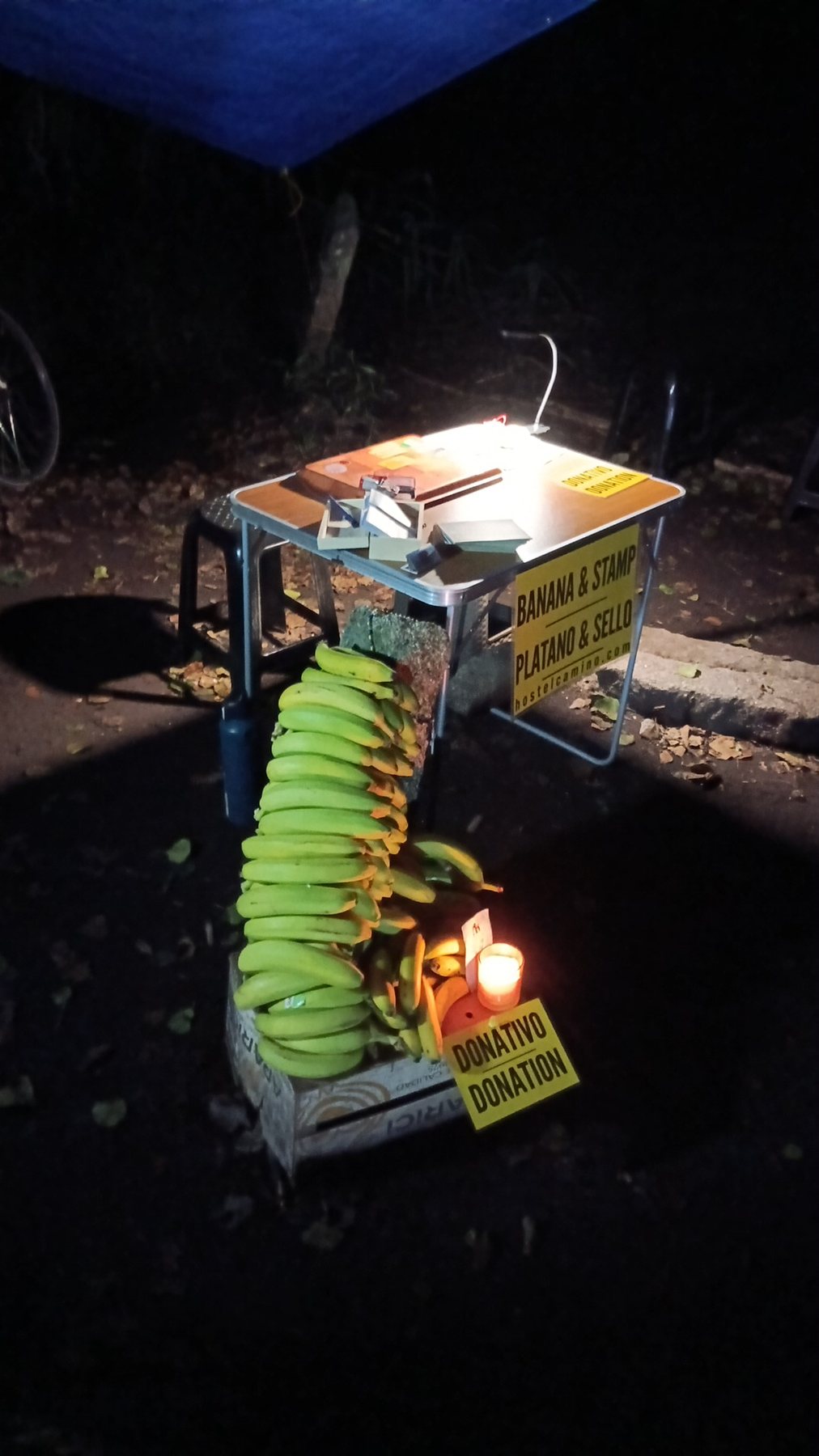 The banana and stamp point illuminated after dark